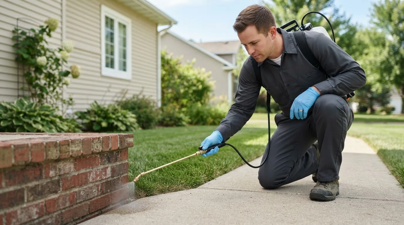Pest control technician treating a home near Hardesty, OK