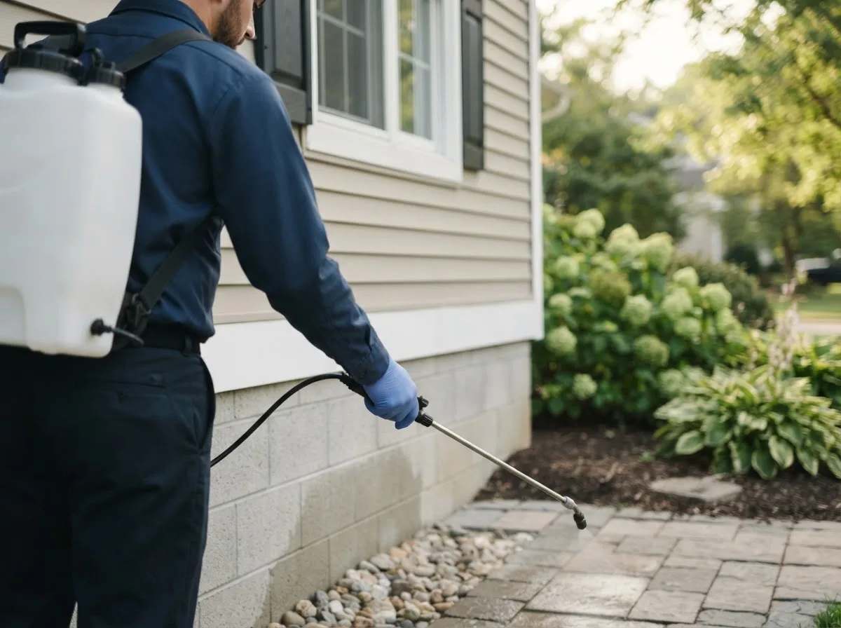 Pest control technician inspecting a home in Hardesty, OK
